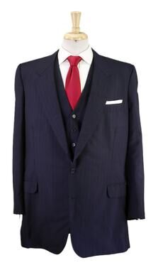 Savile Row Bespoke Tailored Navy Blue w/ Red Pinstripe 3-Pc Wool Mohair Suit 42L